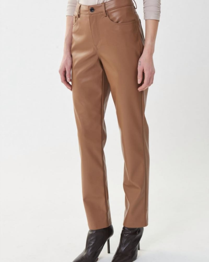 Front of a model wearing a size 16 Faux Leather Trouser In Nutmeg in Nutmeg by Joseph Ribkoff. | dia_product_style_image_id:353695